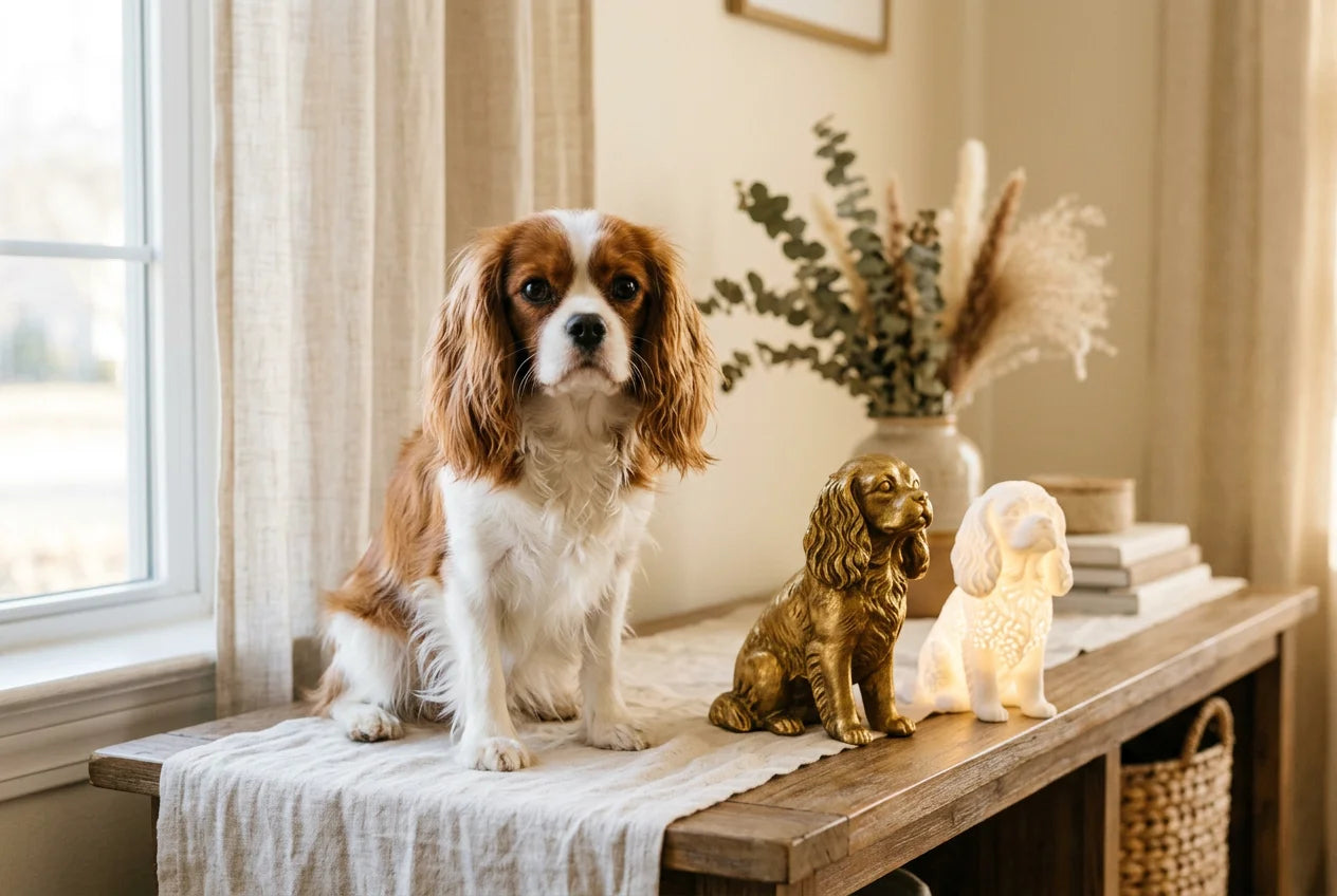 Cavalier King Charles Spaniel dog in a warm editorial interior with handcrafted sculpture and luminary
