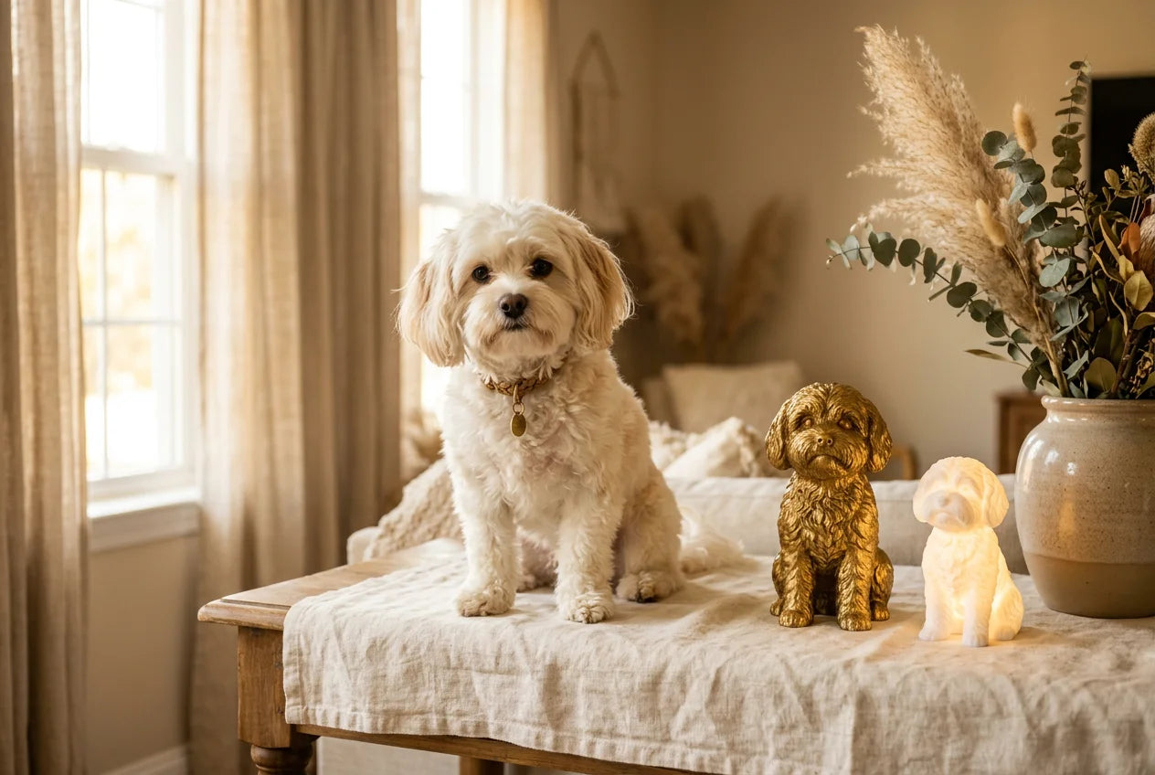 Cavamalt dog in a warm editorial interior with handcrafted sculpture and luminary