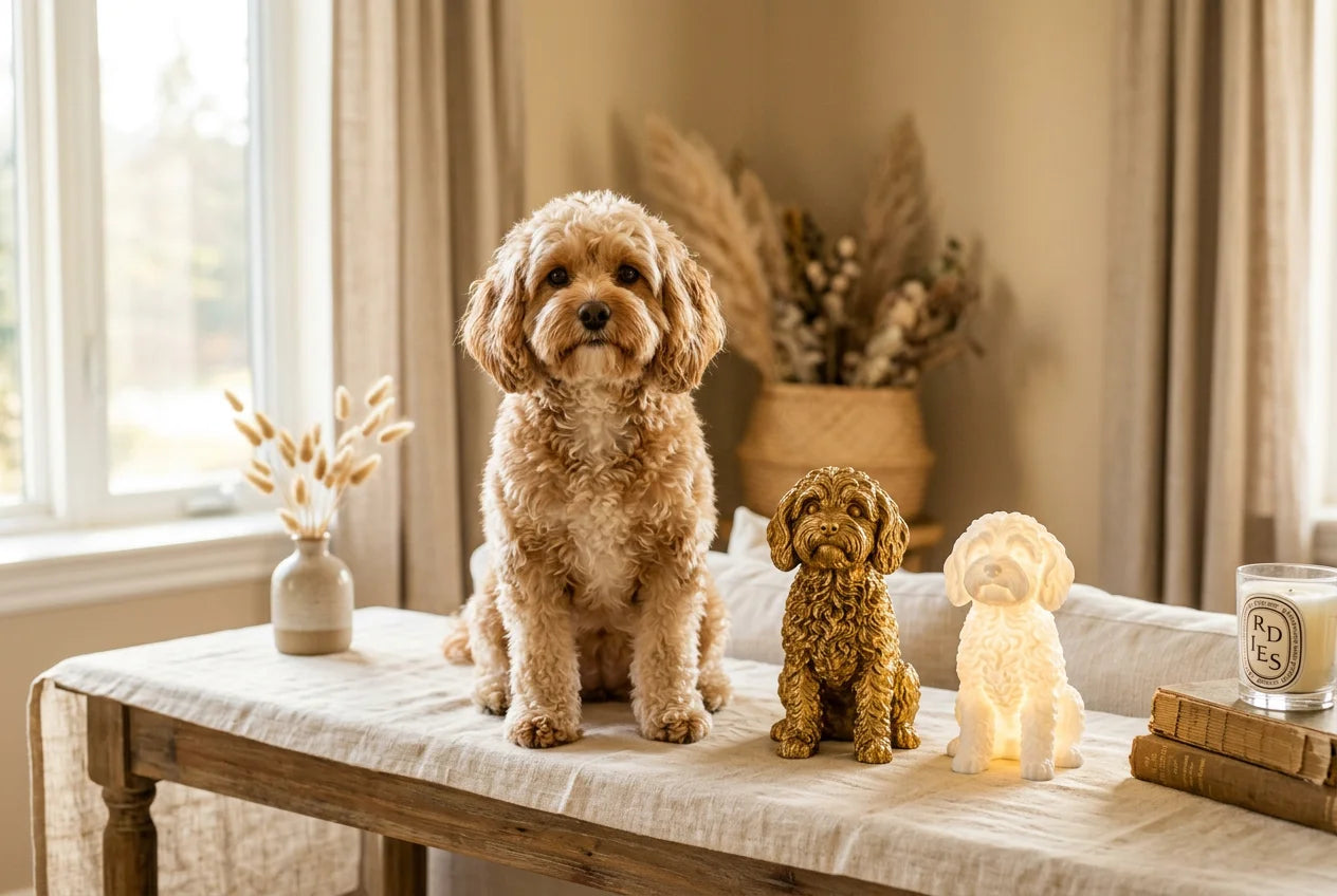 Cavapoo dog in a warm editorial interior with handcrafted sculpture and luminary