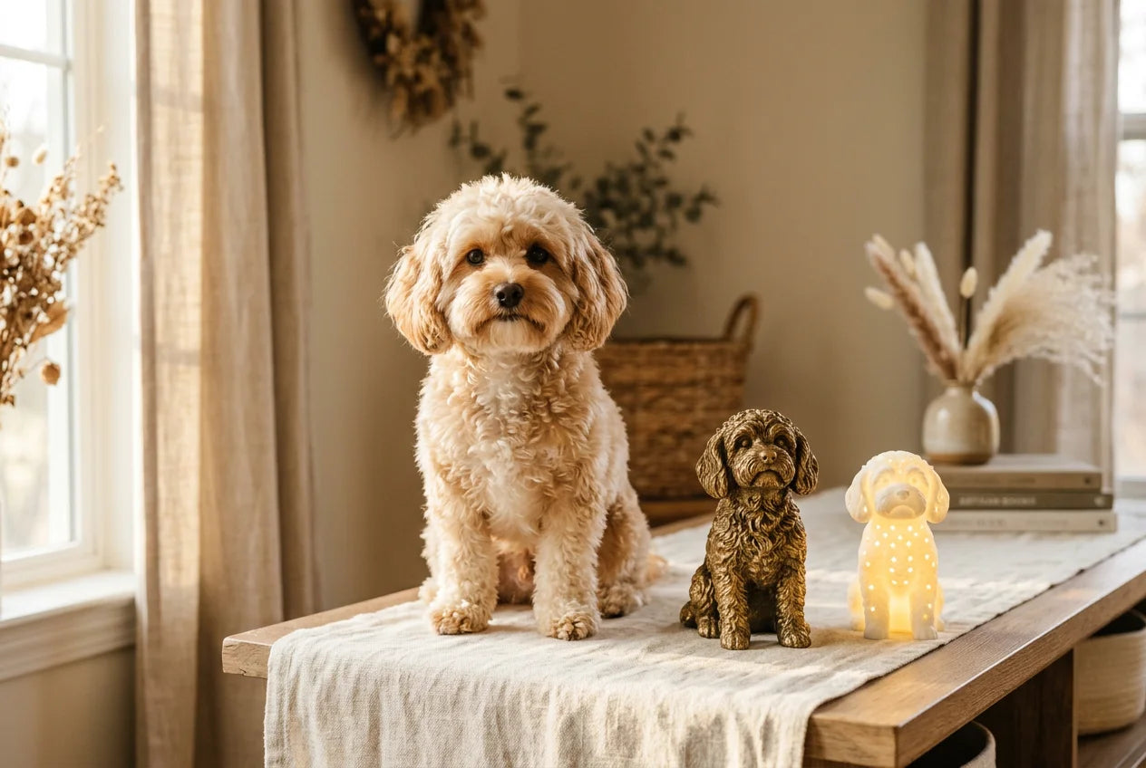 Cavapoochon dog in a warm editorial interior with handcrafted sculpture and luminary