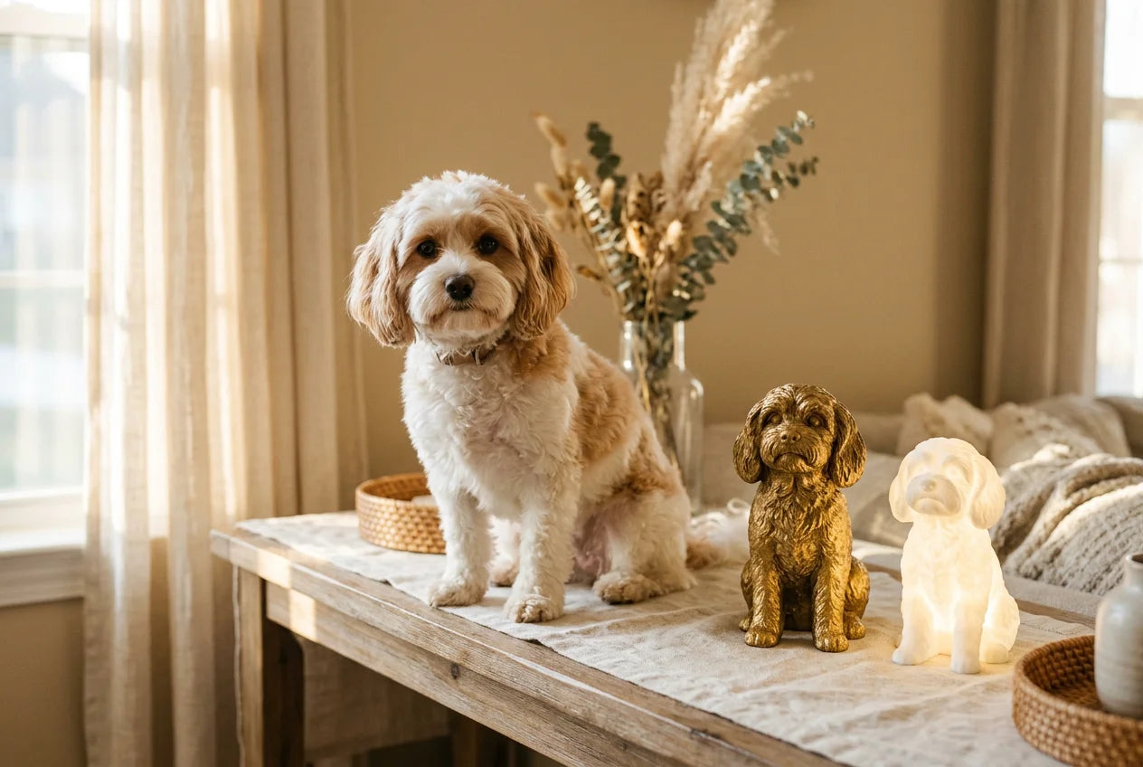 Cavaton dog in a warm editorial interior with handcrafted sculpture and luminary