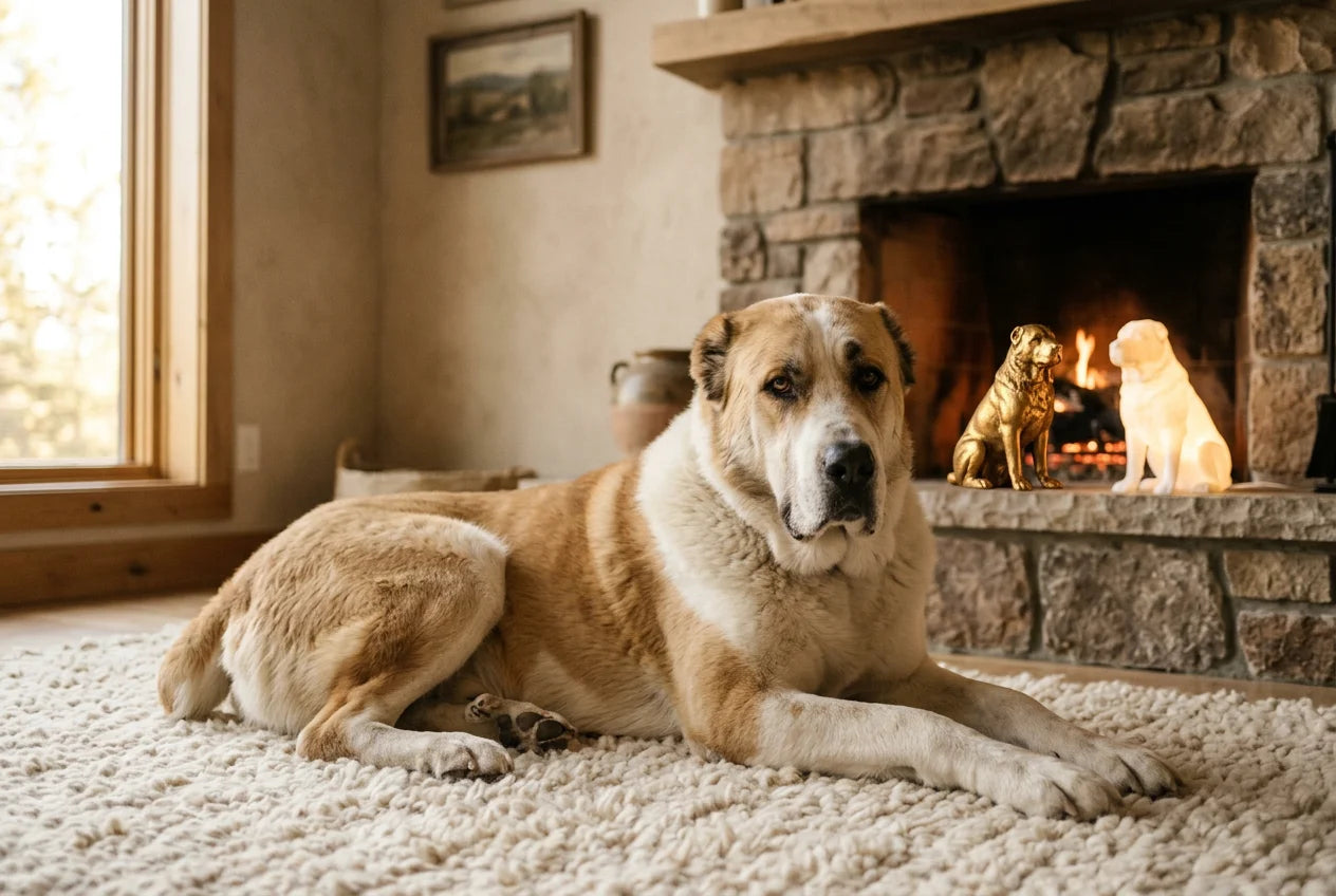 Central Asian Shepherd dog in a warm editorial interior with handcrafted sculpture and luminary