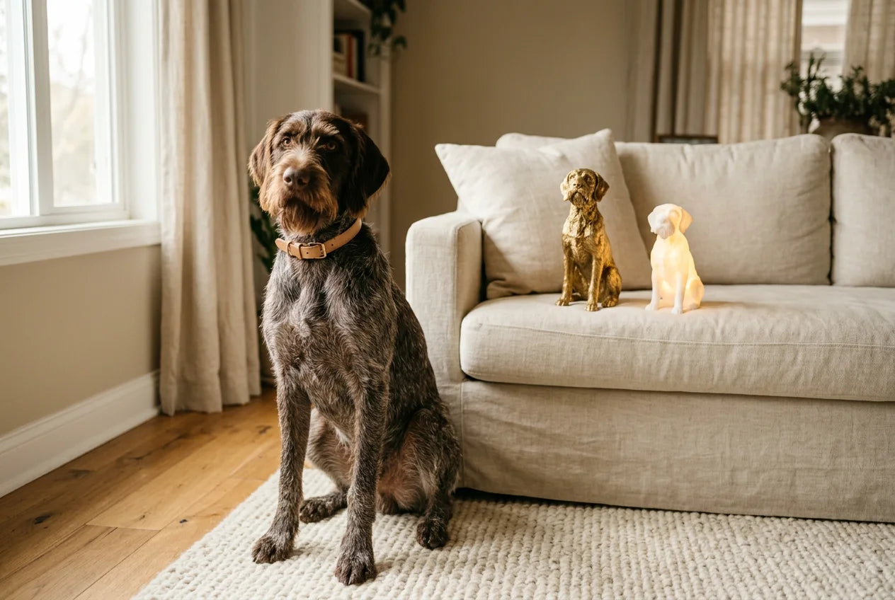 Cesky Fousek dog in a warm editorial interior with handcrafted sculpture and luminary