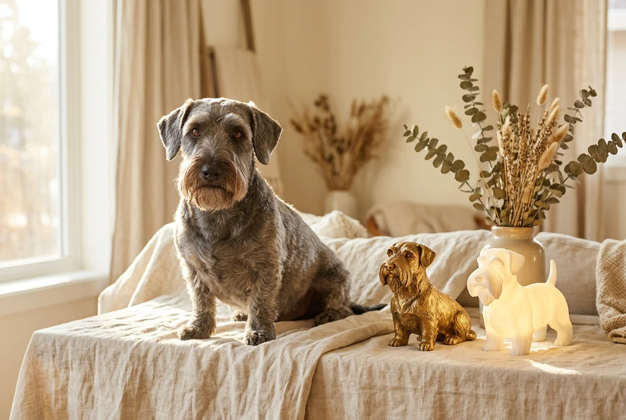 Cesky Terrier dog in a warm editorial interior with handcrafted sculpture and luminary