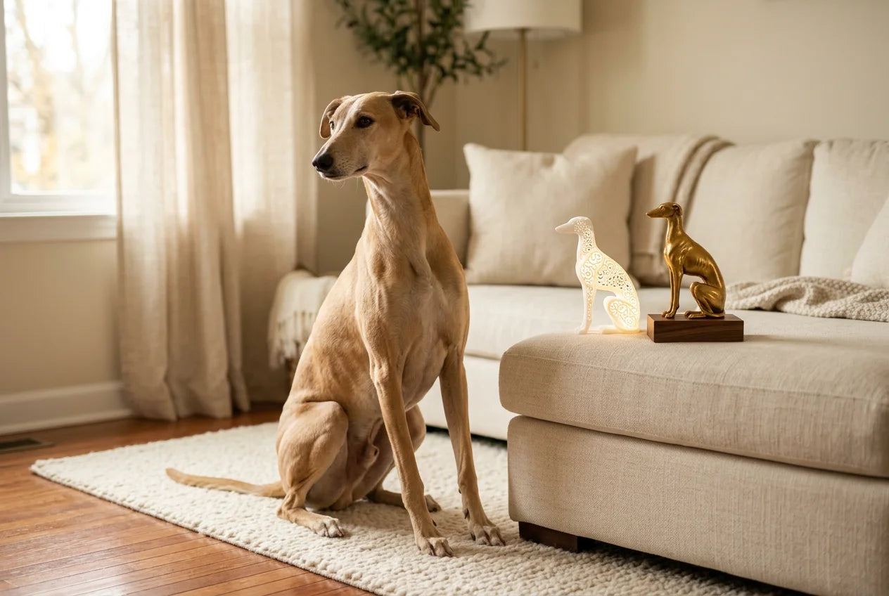 Chart Polski dog in a warm editorial interior with handcrafted sculpture and luminary