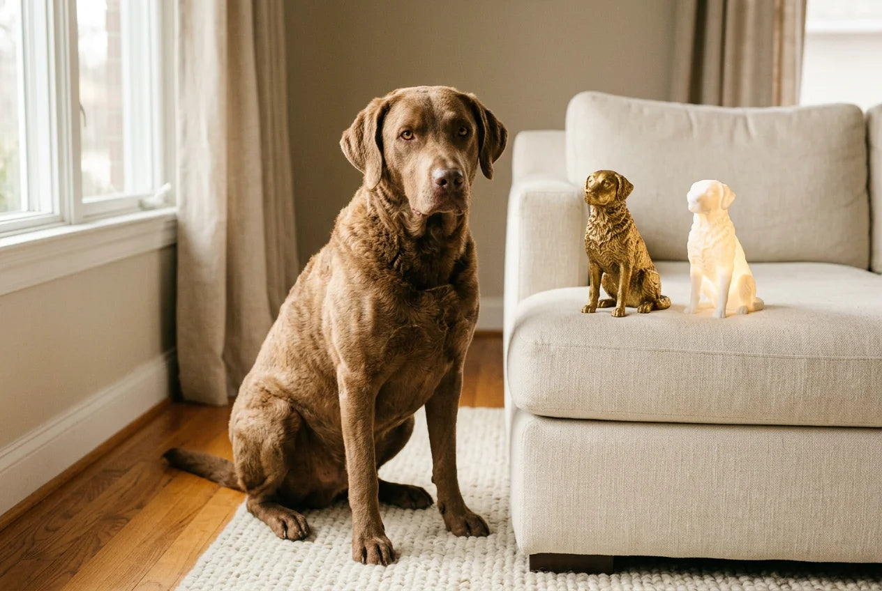 Chesapeake Bay Retriever dog in a warm editorial interior with handcrafted sculpture and luminary