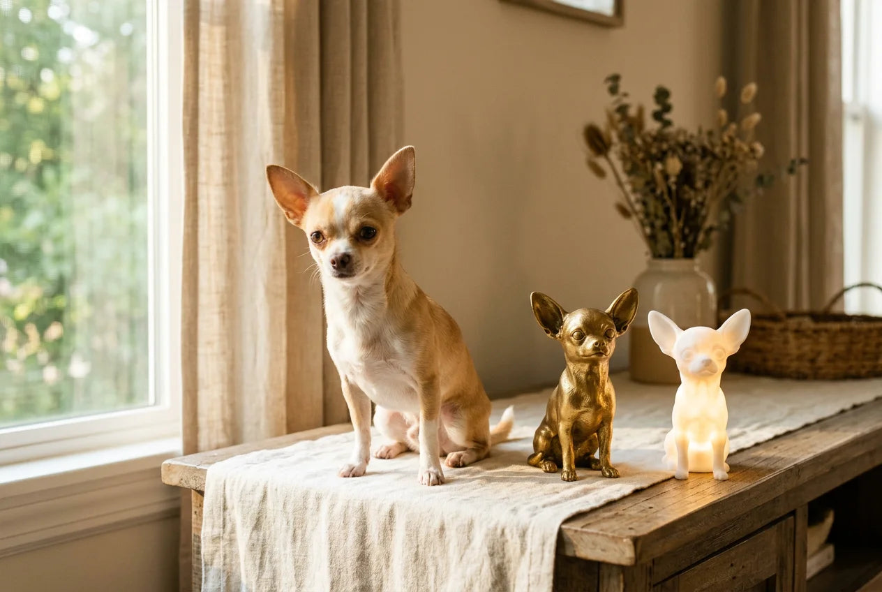 Chihuahua dog in a warm editorial interior with handcrafted sculpture and luminary