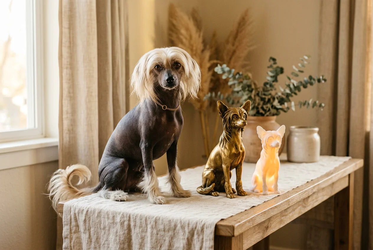 Chinese Crested dog in a warm editorial interior with handcrafted sculpture and luminary