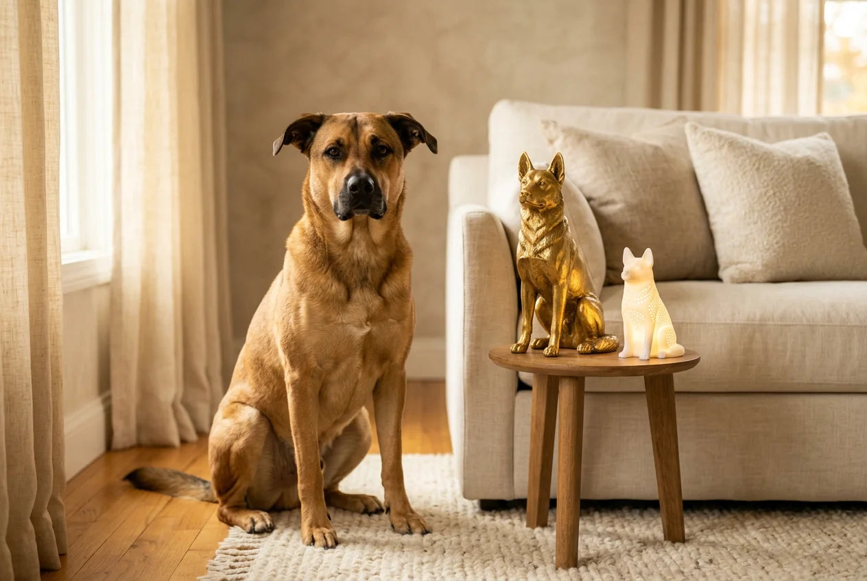 Chinook dog in a warm editorial interior with handcrafted sculpture and luminary