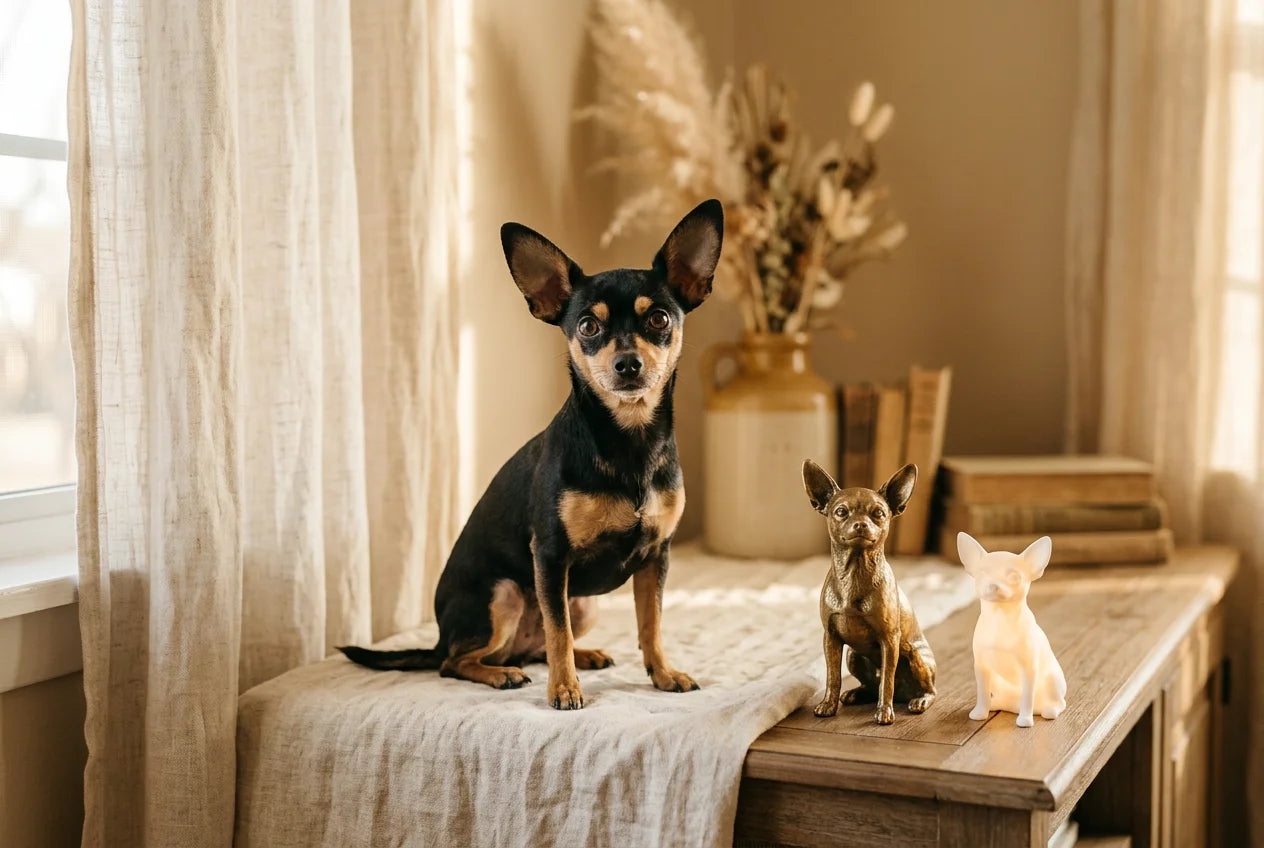 Chipin dog in a warm editorial interior with handcrafted sculpture and luminary