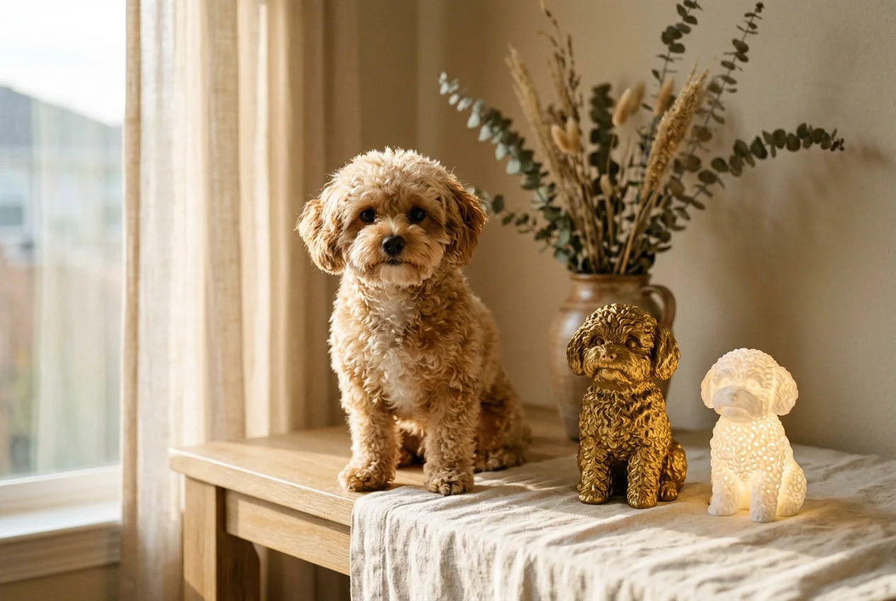 Chipoo dog in a warm editorial interior with handcrafted sculpture and luminary