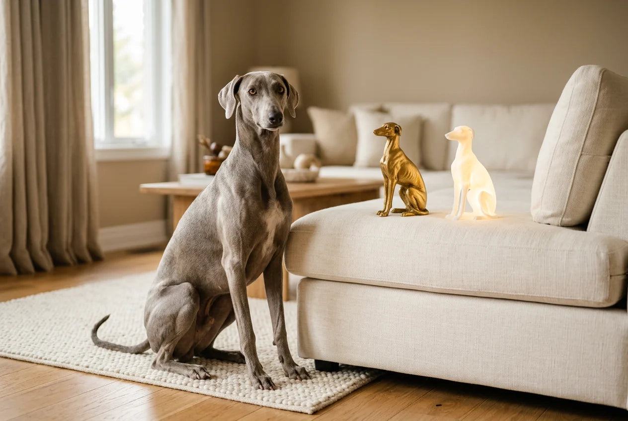 Chippiparai dog in a warm editorial interior with handcrafted sculpture and luminary