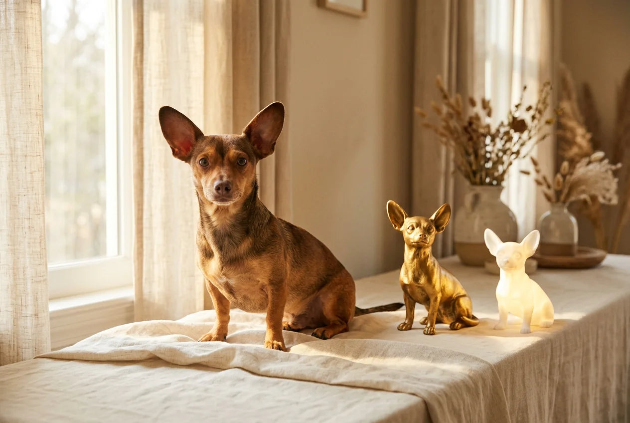 Chiweenie dog in a warm editorial interior with handcrafted sculpture and luminary