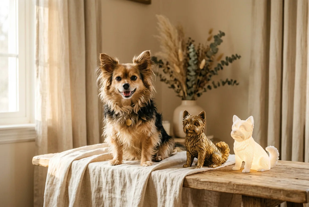 Chorkie dog in a warm editorial interior with handcrafted sculpture and luminary