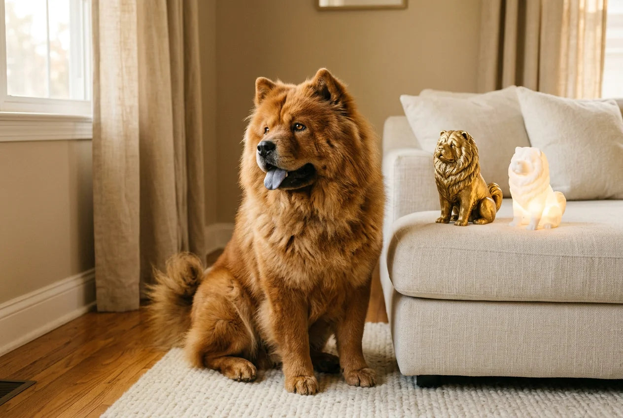 Chow Chow dog in a warm editorial interior with handcrafted sculpture and luminary