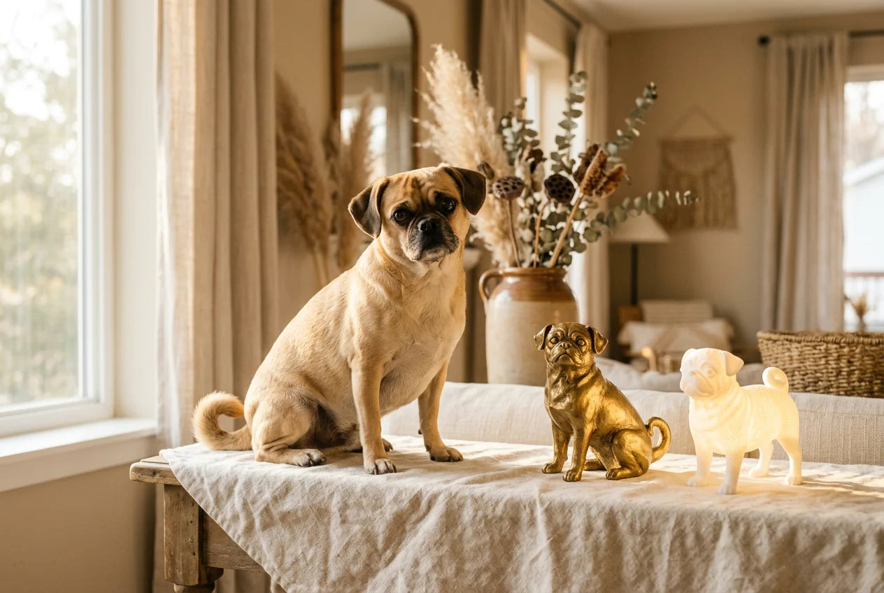 Chug dog in a warm editorial interior with handcrafted sculpture and luminary