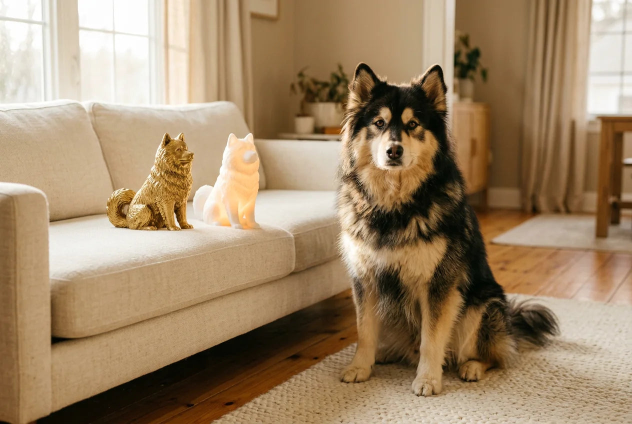 Chusky dog in a warm editorial interior with handcrafted sculpture and luminary