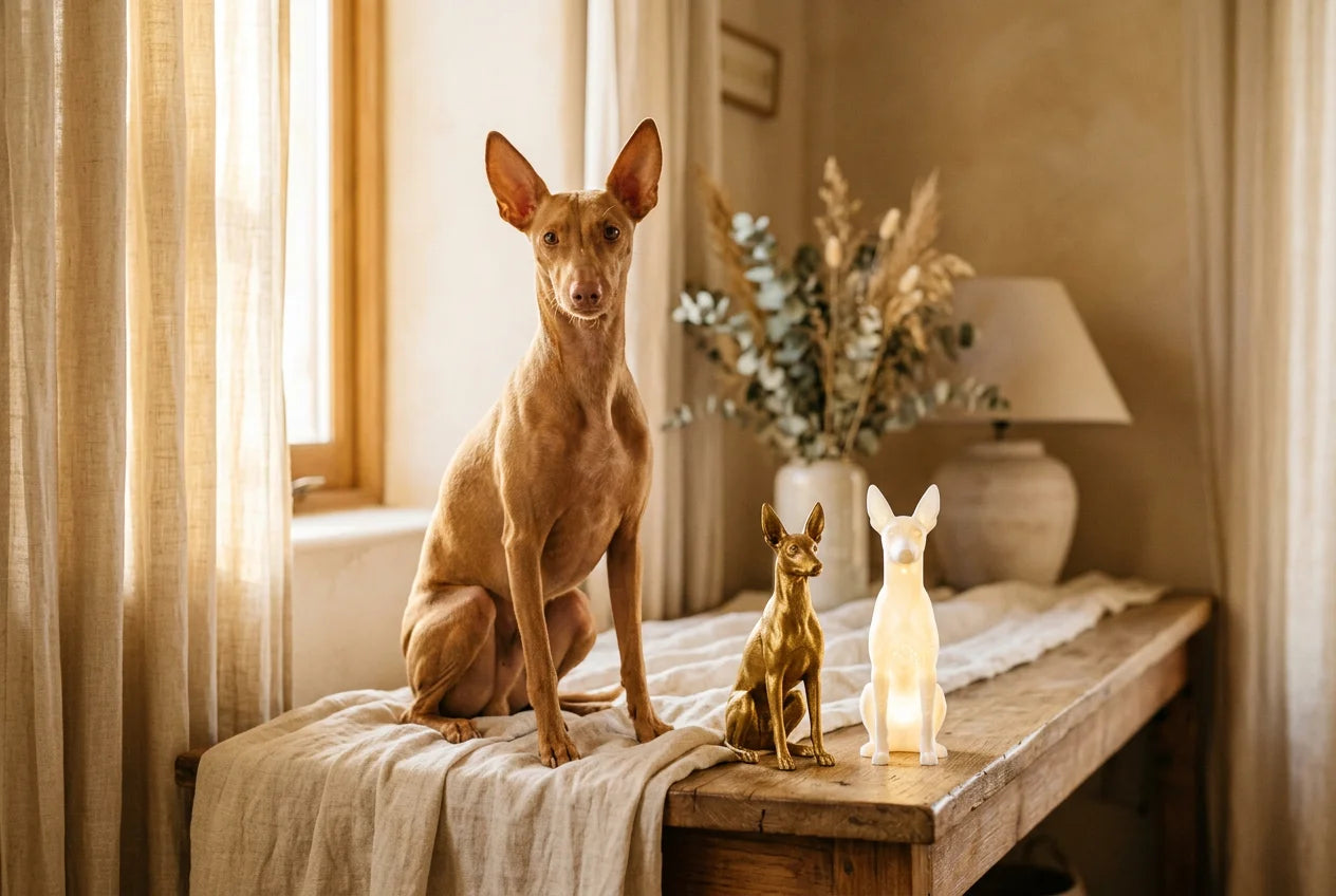 Cirneco dell'Etna dog in a warm editorial interior with handcrafted sculpture and luminary
