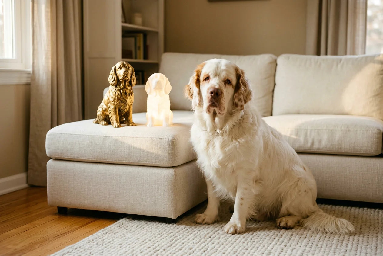 Clumber Spaniel dog in a warm editorial interior with handcrafted sculpture and luminary