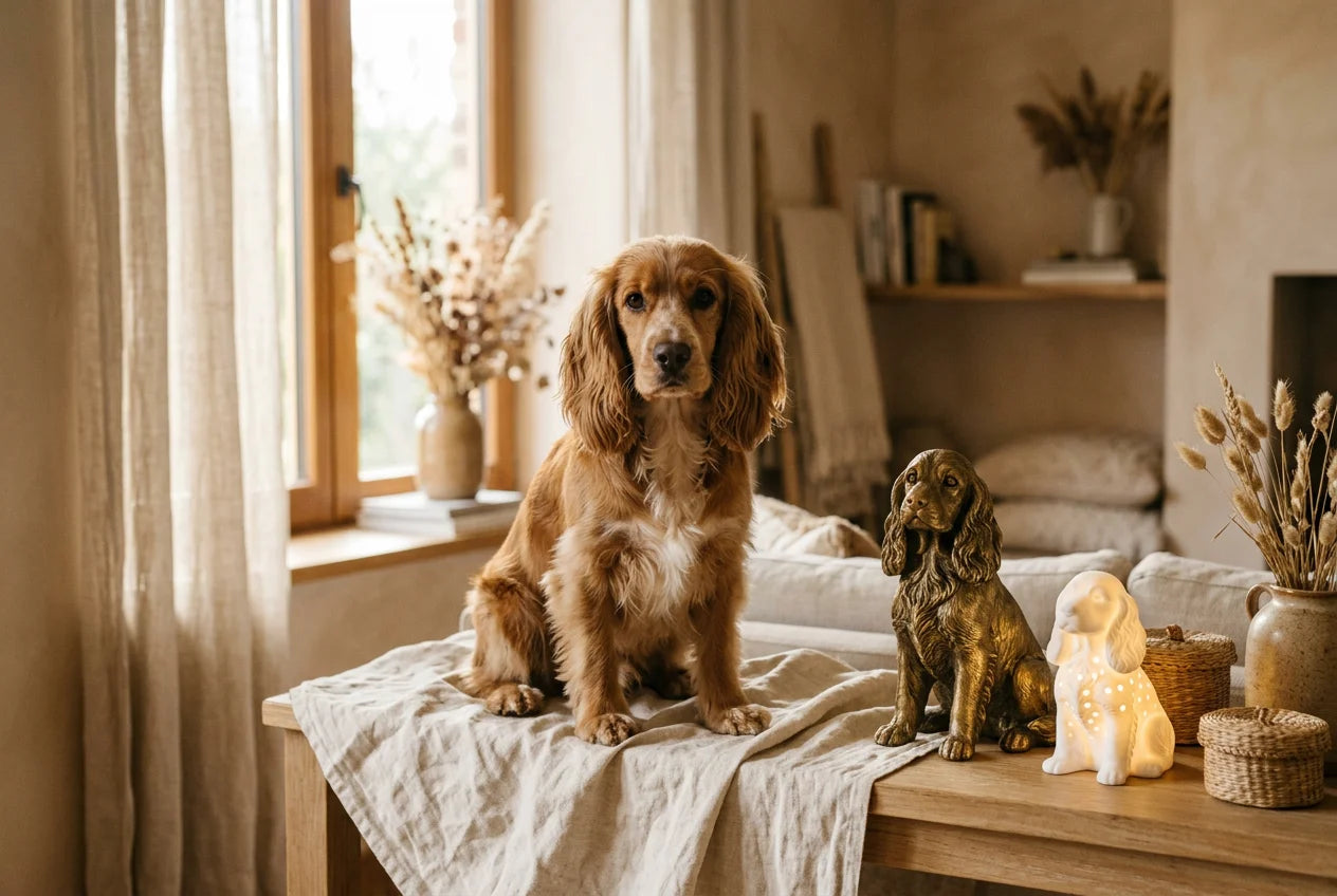 Cockalier dog in a warm editorial interior with handcrafted sculpture and luminary