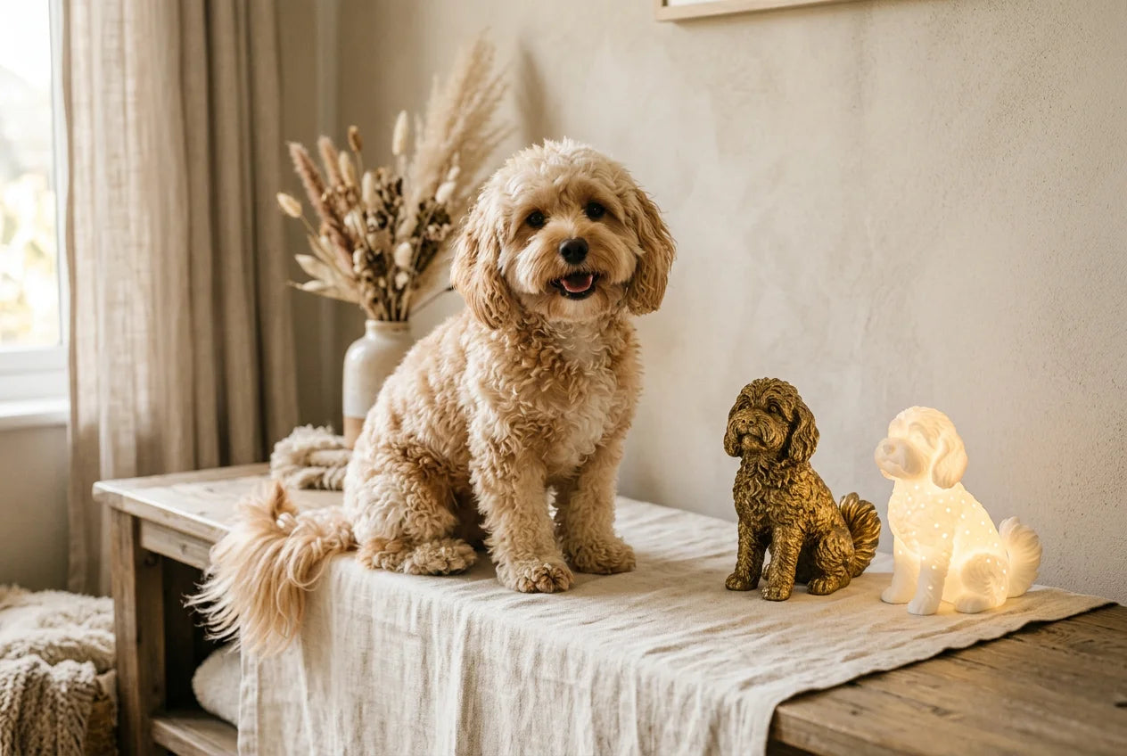 Cockapom dog in a warm editorial interior with handcrafted sculpture and luminary