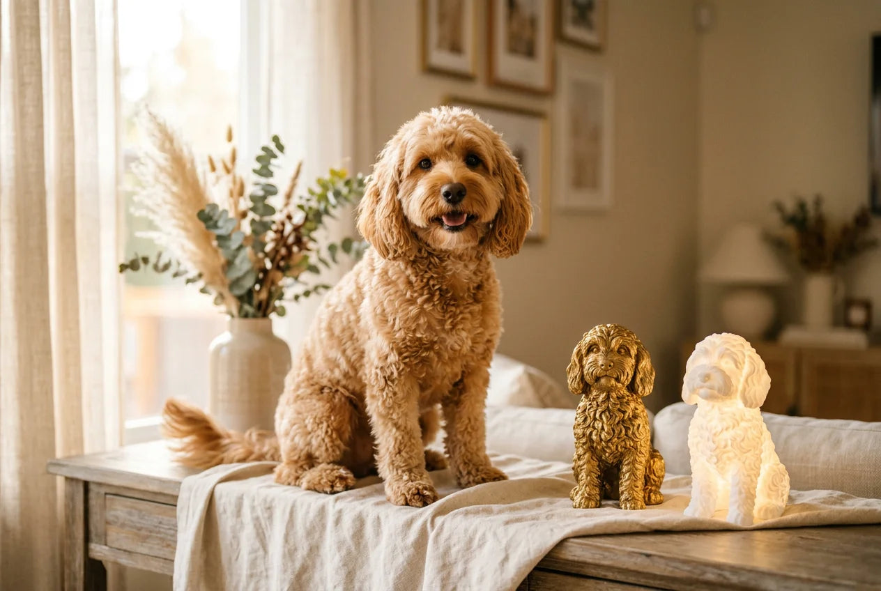 Cockapoo dog in a warm editorial interior with handcrafted sculpture and luminary