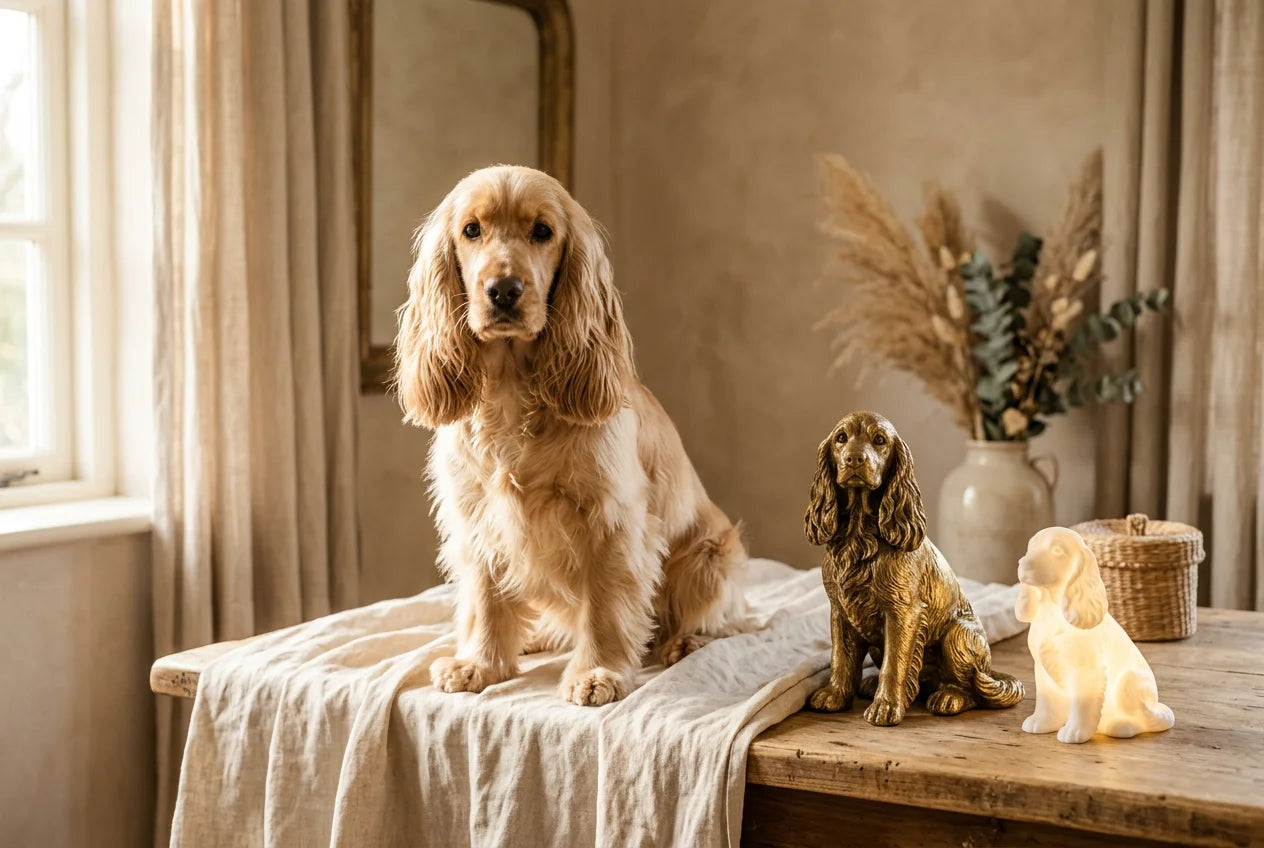 Cocker Spaniel dog in a warm editorial interior with handcrafted sculpture and luminary