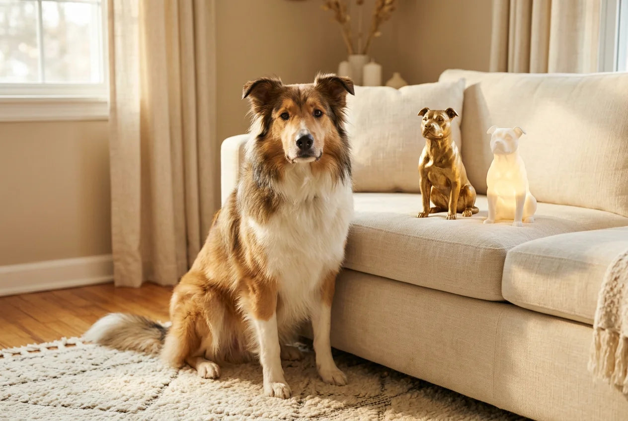 Collie Pit dog in a warm editorial interior with handcrafted sculpture and luminary