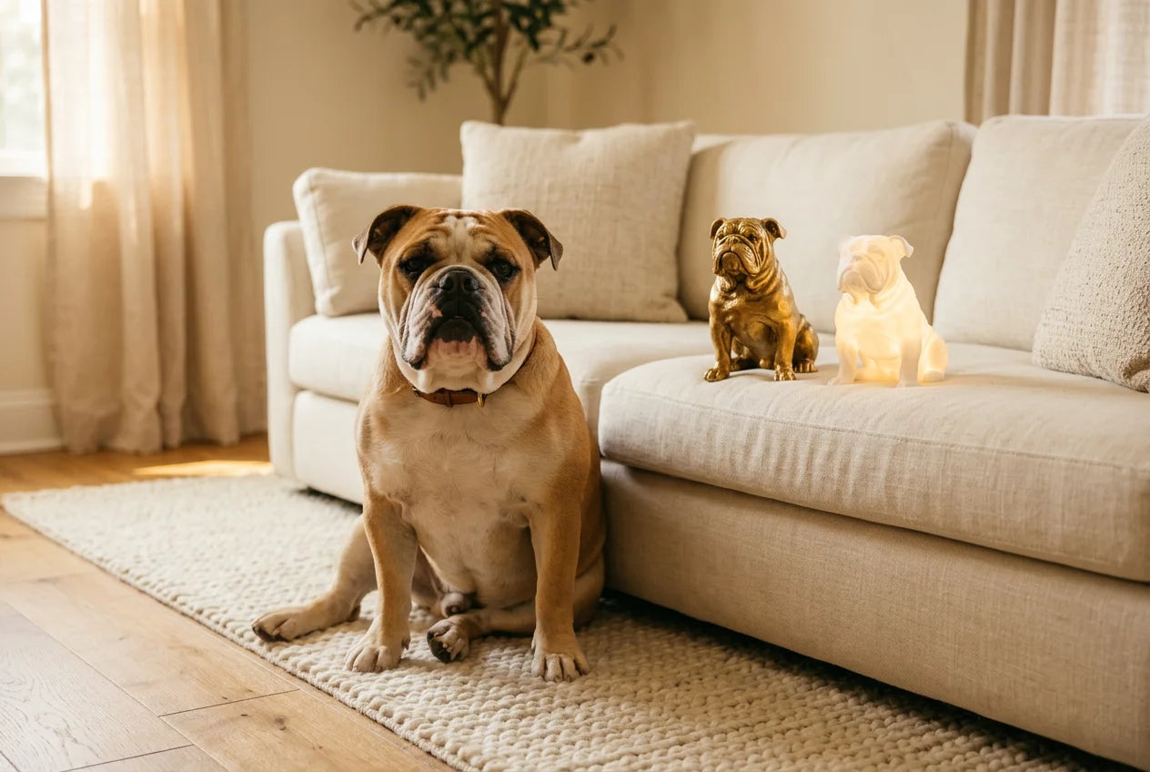 Continental Bulldog dog in a warm editorial interior with handcrafted sculpture and luminary