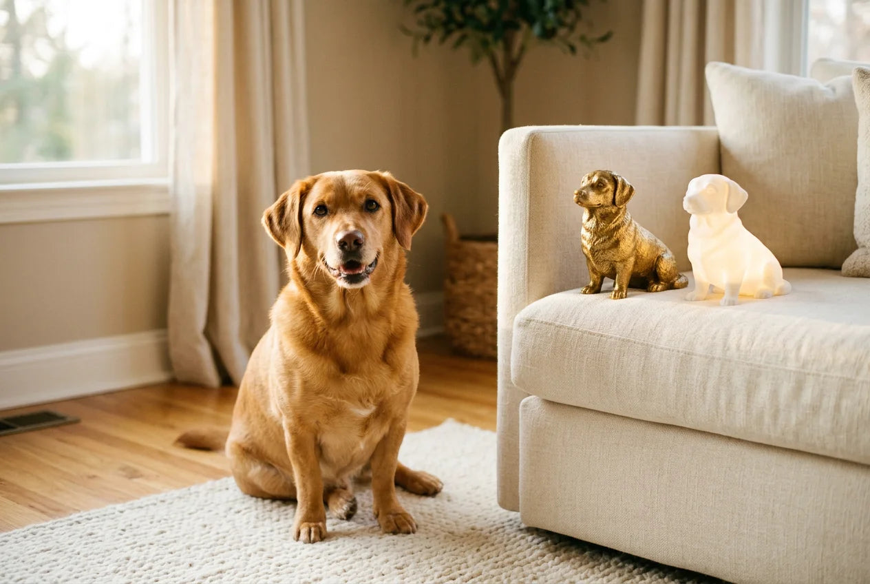 Corgidor dog in a warm editorial interior with handcrafted sculpture and luminary