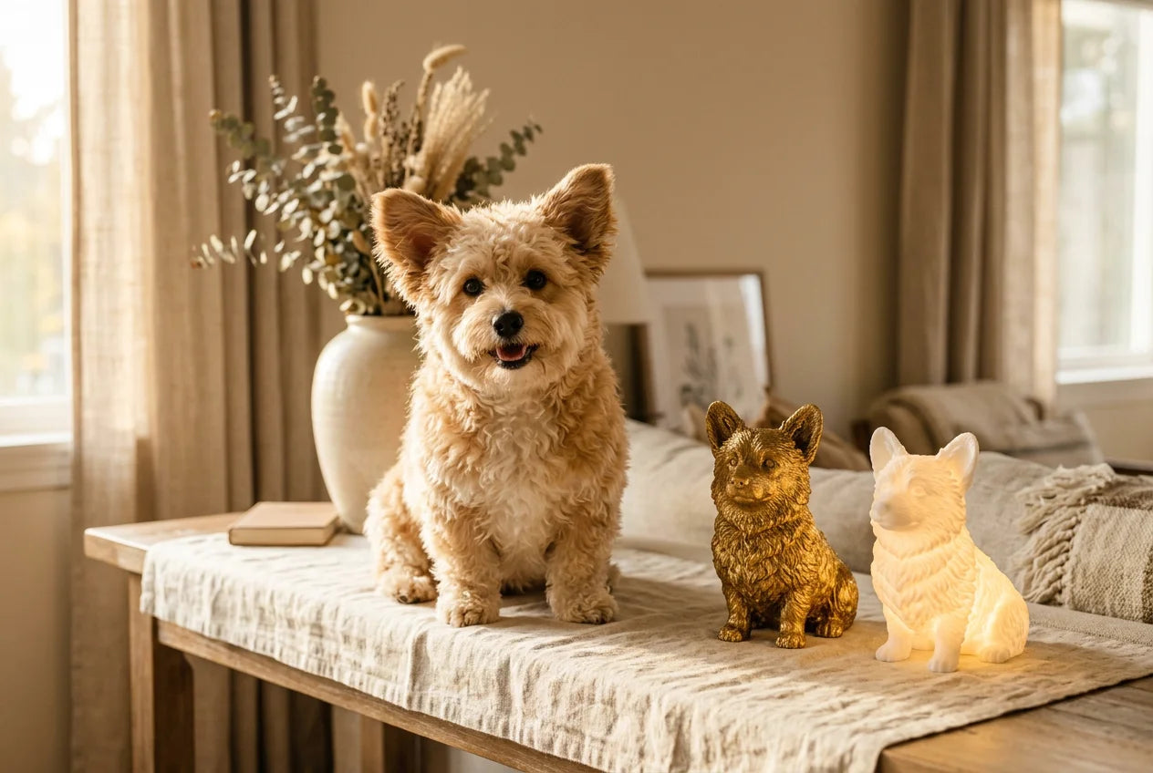 Corgipoo dog in a warm editorial interior with handcrafted sculpture and luminary