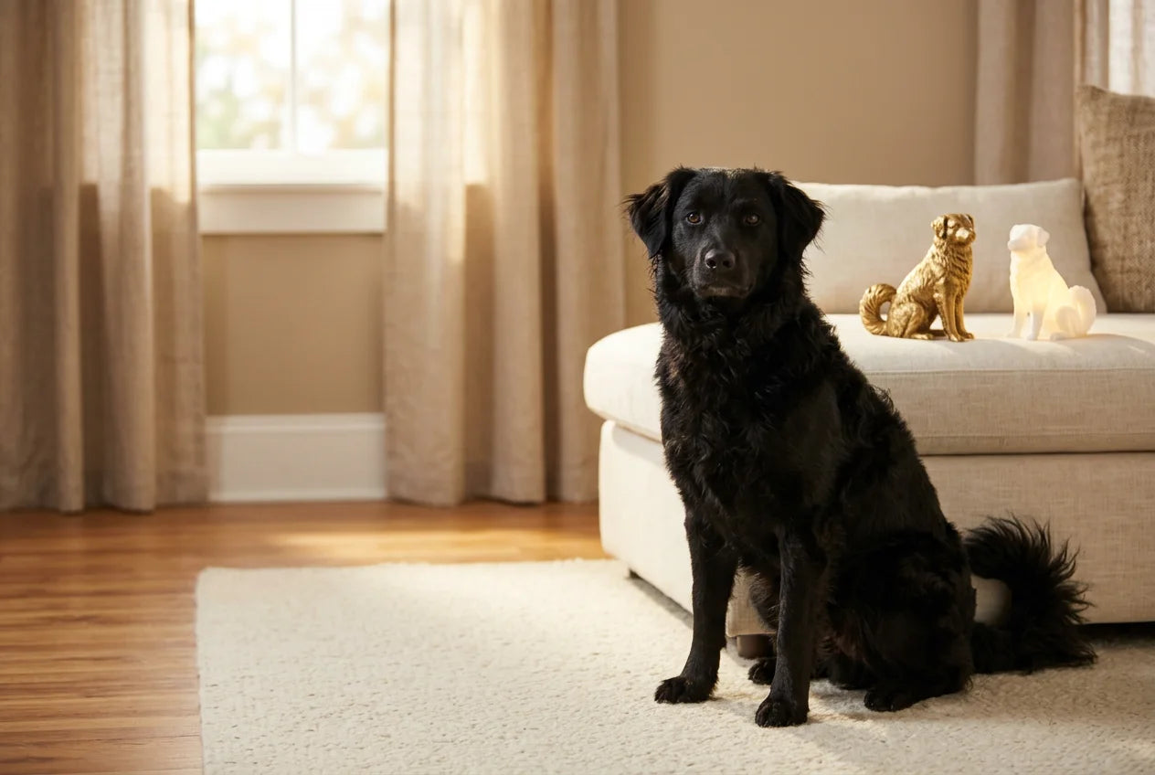 Croatian Sheepdog dog in a warm editorial interior with handcrafted sculpture and luminary