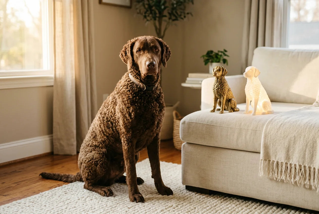 Curly Coated Retriever dog in a warm editorial interior with handcrafted sculpture and luminary