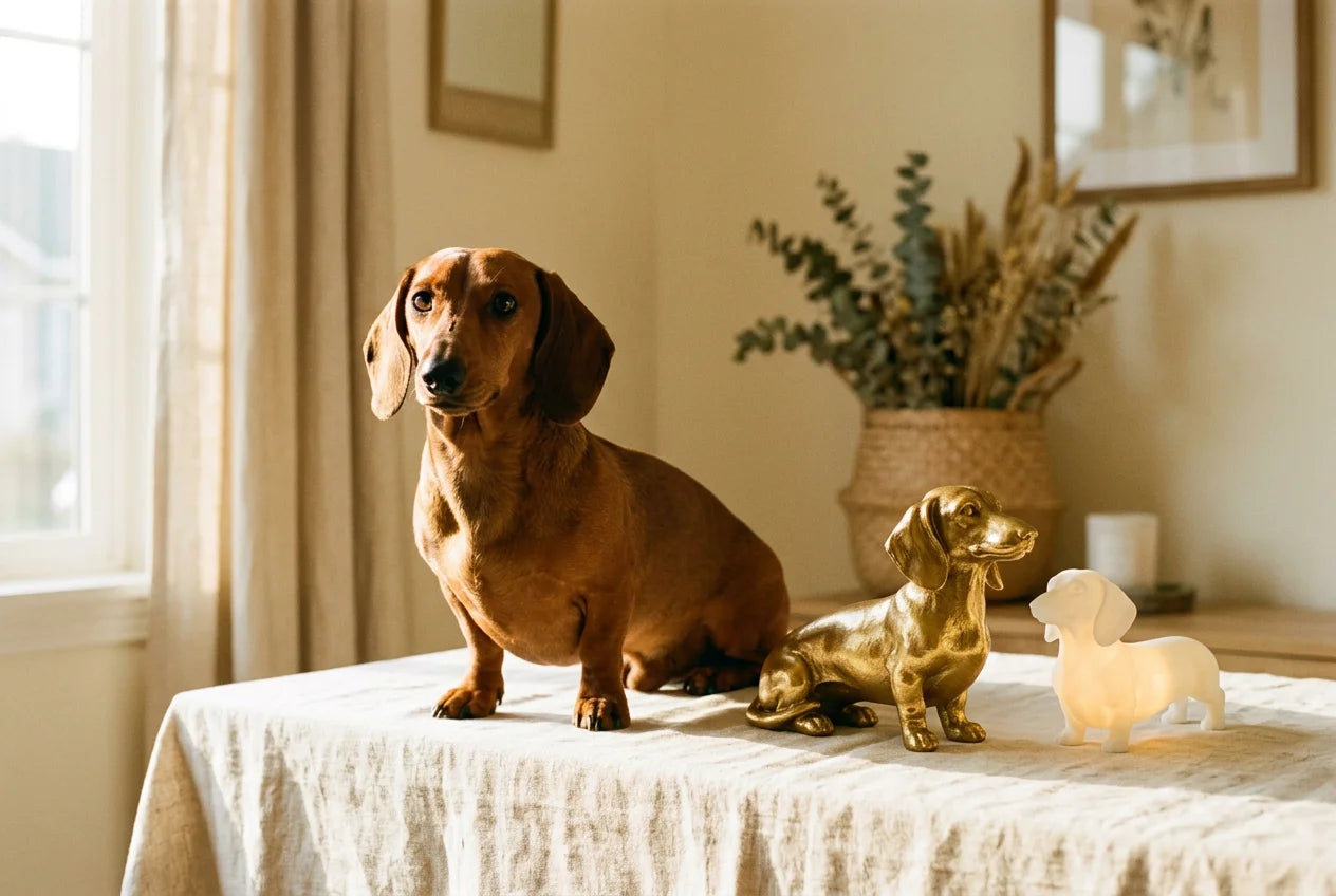 Dachshund dog in a warm editorial interior with handcrafted sculpture and luminary