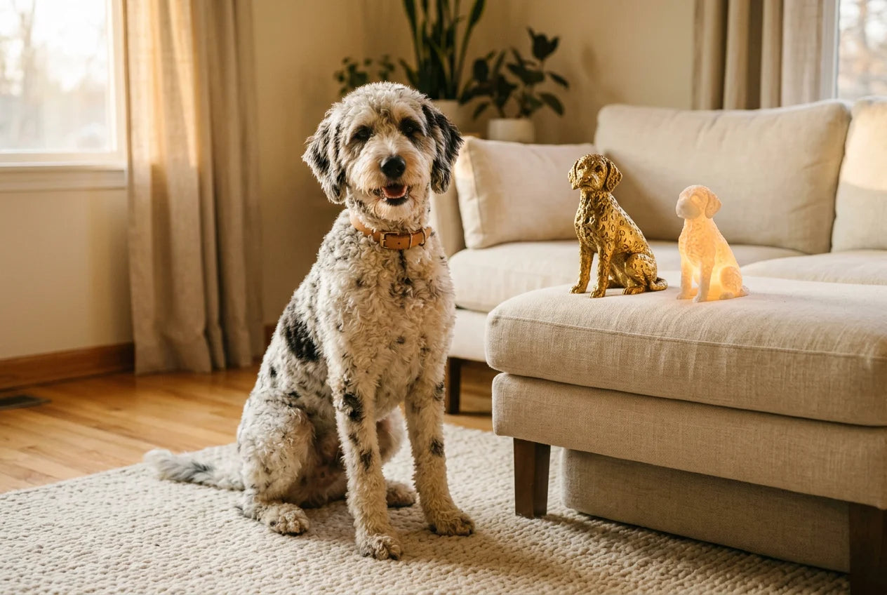Dalmadoodle dog in a warm editorial interior with handcrafted sculpture and luminary