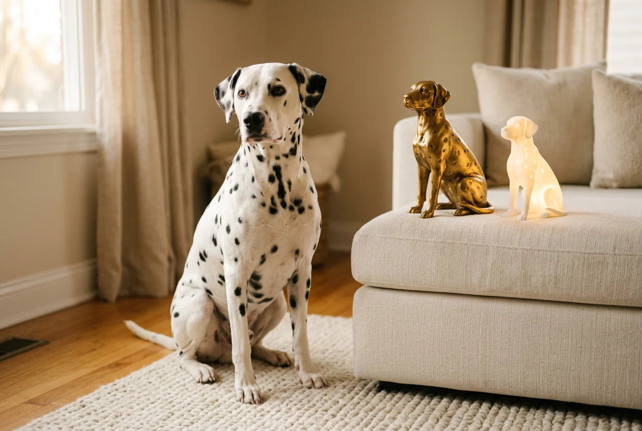 Dalmador dog in a warm editorial interior with handcrafted sculpture and luminary