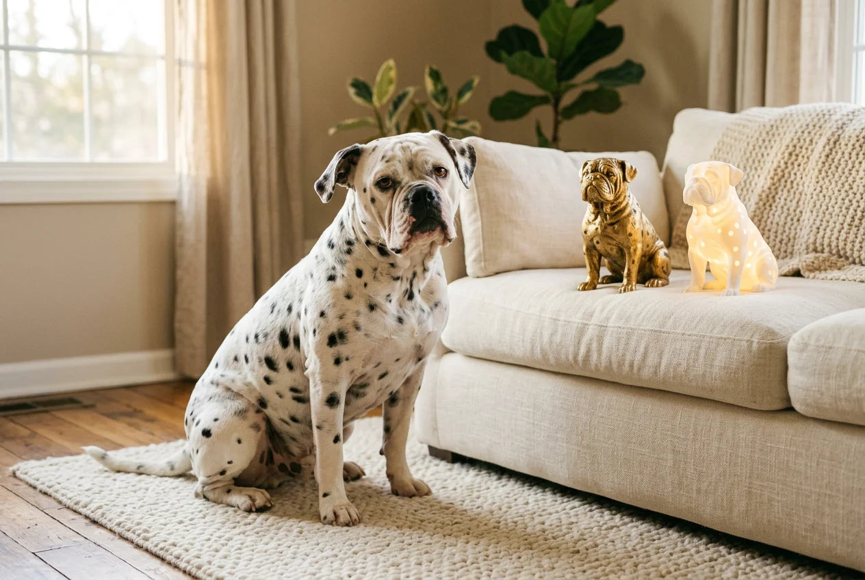 Dalmatian Bulldog Mix dog in a warm editorial interior with handcrafted sculpture and luminary