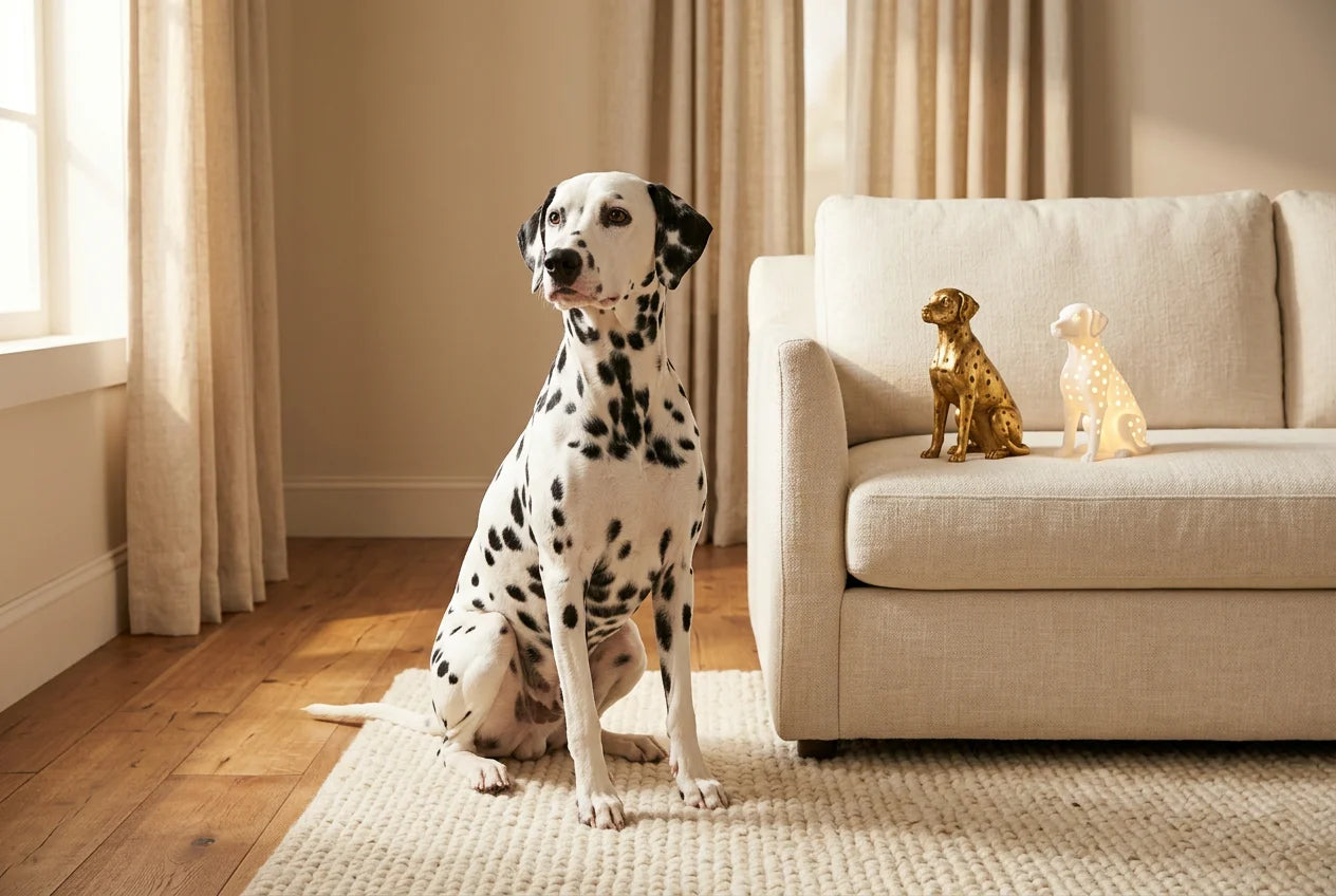 Dalmatian dog in a warm editorial interior with handcrafted sculpture and luminary