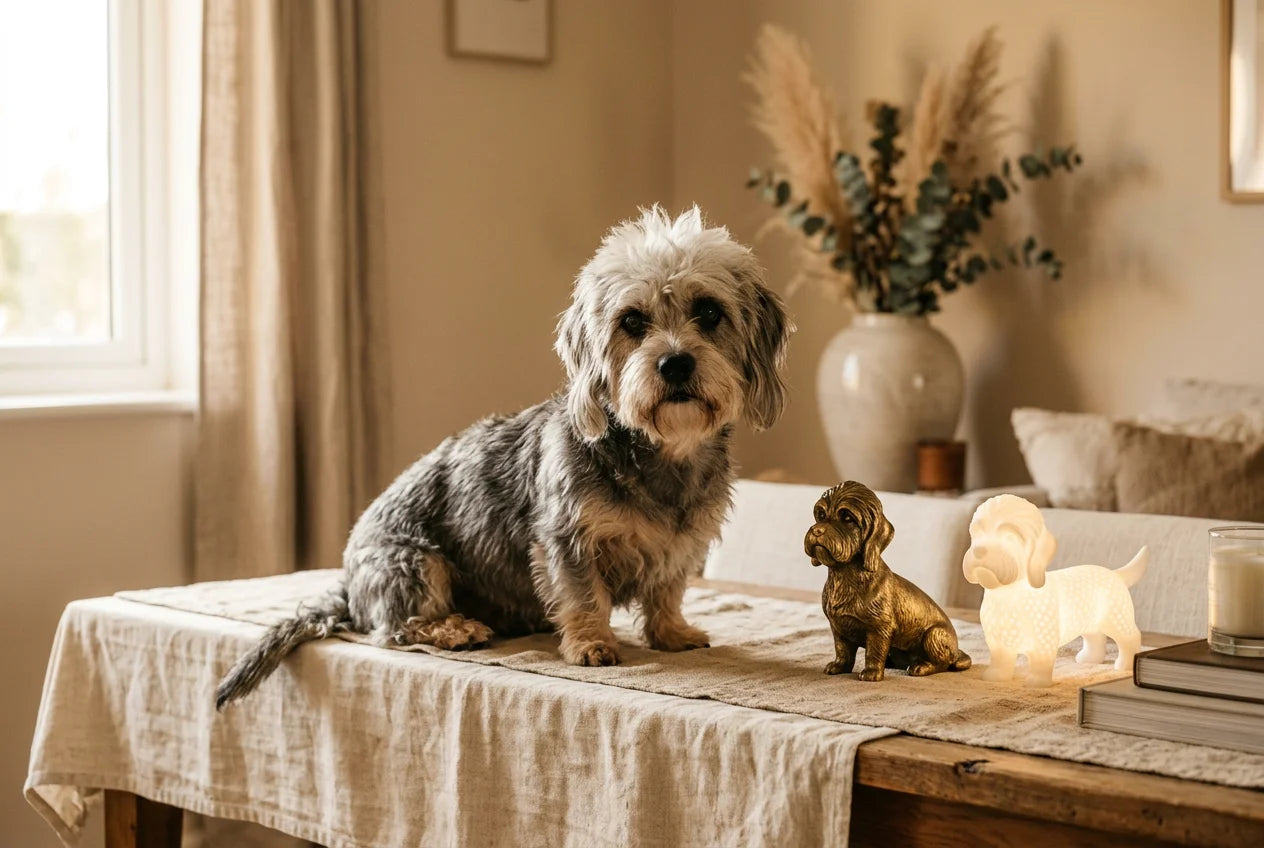 Dandie Dinmont Terrier dog in a warm editorial interior with handcrafted sculpture and luminary