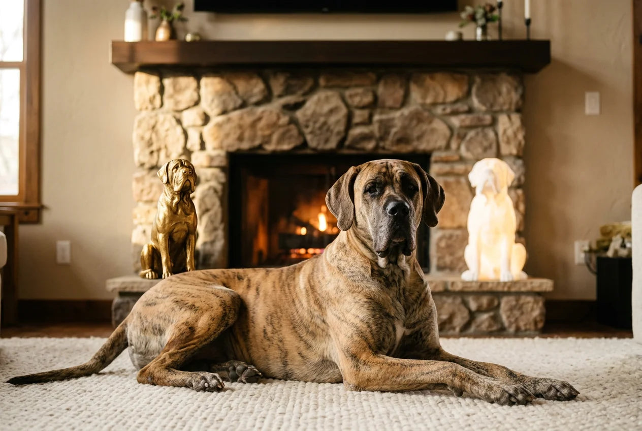 Daniff dog in a warm editorial interior with handcrafted sculpture and luminary
