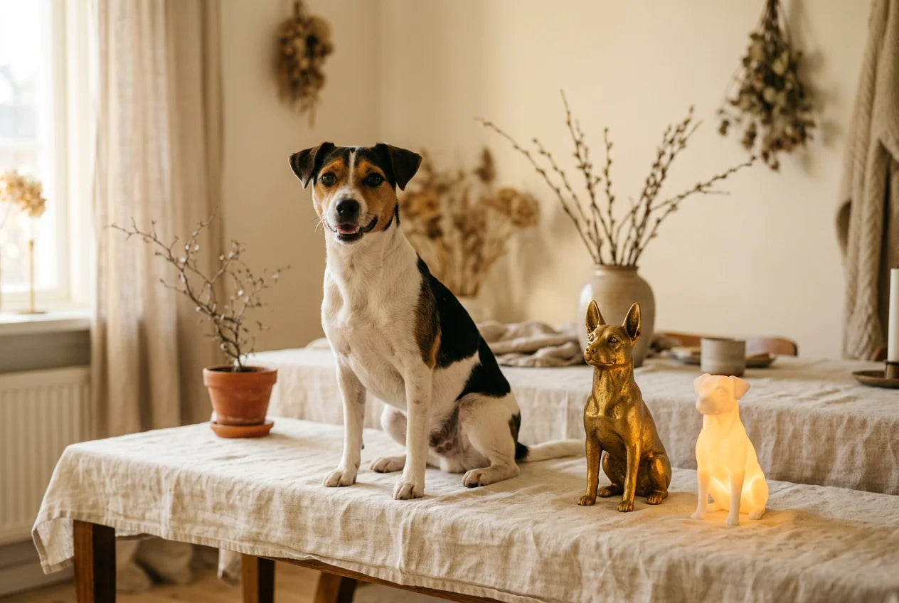 Danish-Swedish Farmdog dog in a warm editorial interior with handcrafted sculpture and luminary