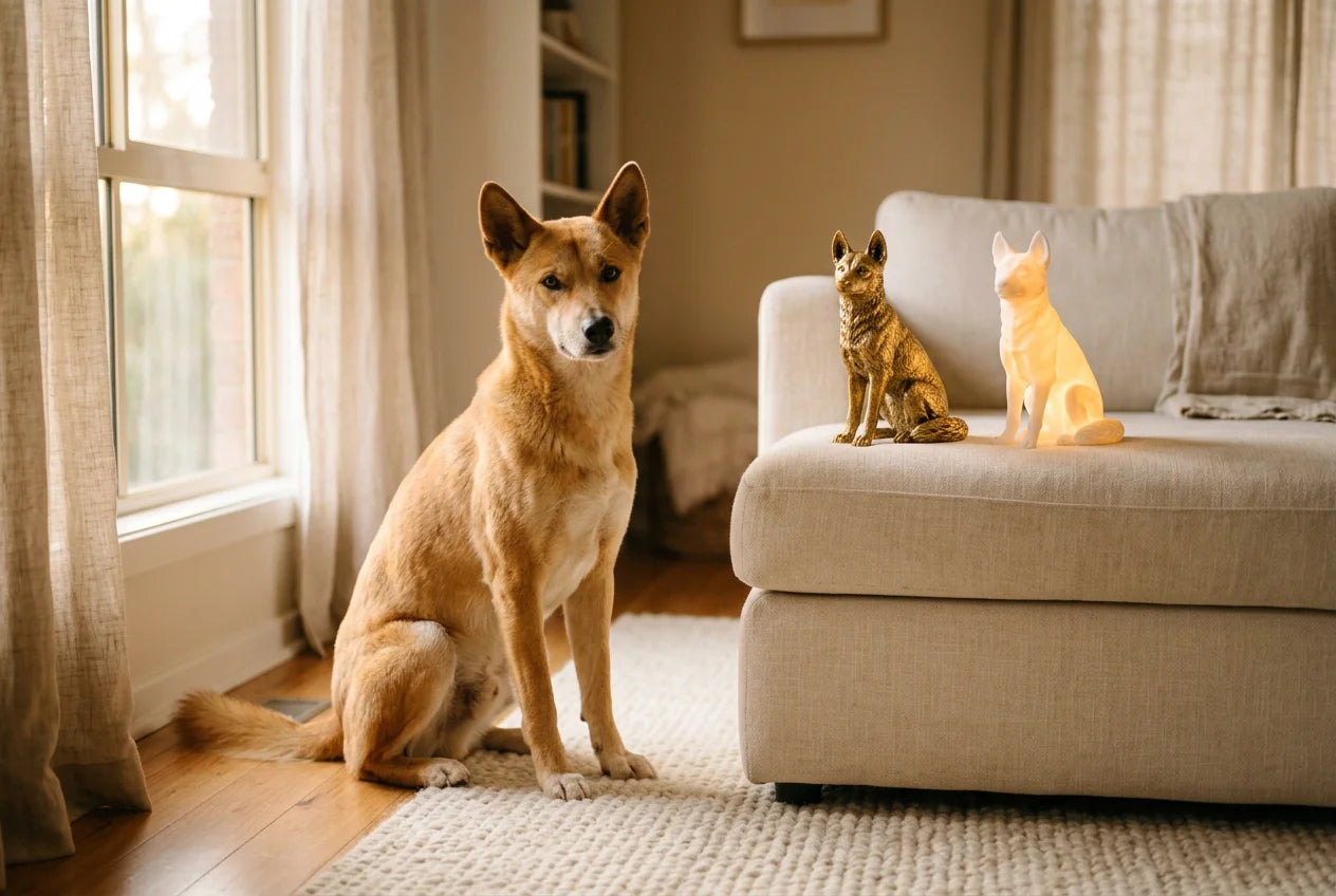 Dingo dog in a warm editorial interior with handcrafted sculpture and luminary
