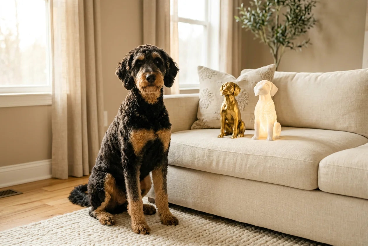 Doberdoodle dog in a warm editorial interior with handcrafted sculpture and luminary