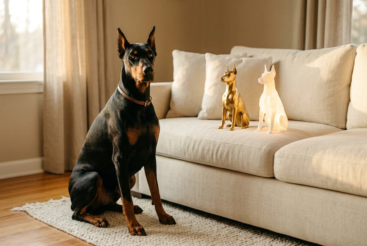 Doberman Pinscher dog in a warm editorial interior with handcrafted sculpture and luminary