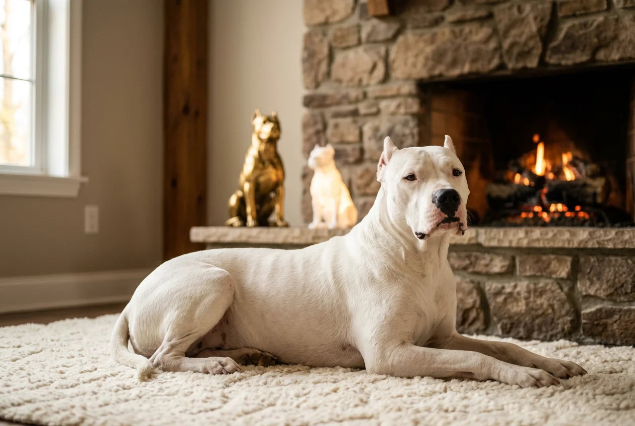 Dogo Argentino dog in a warm editorial interior with handcrafted sculpture and luminary