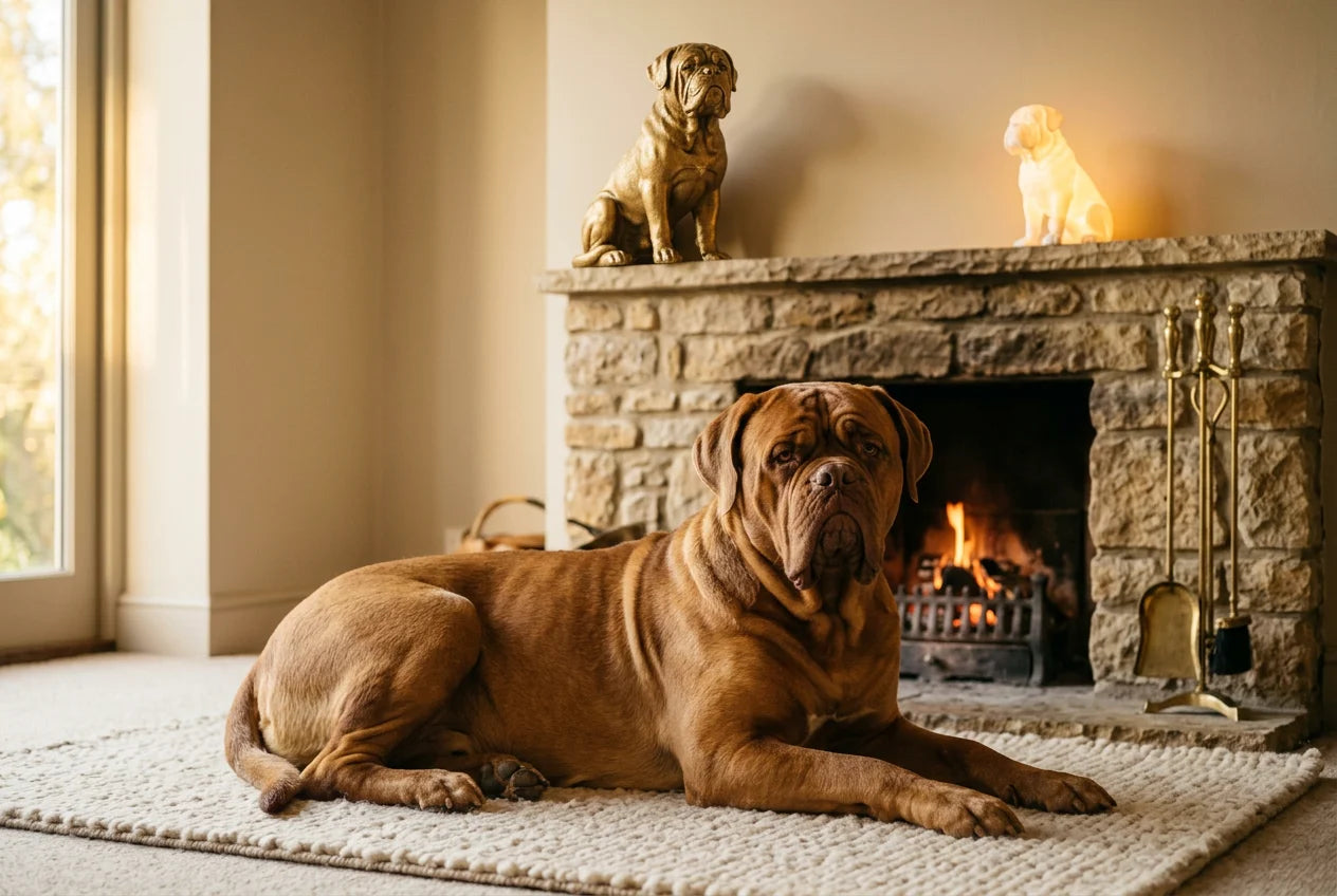 Dogue de Bordeaux dog in a warm editorial interior with handcrafted sculpture and luminary