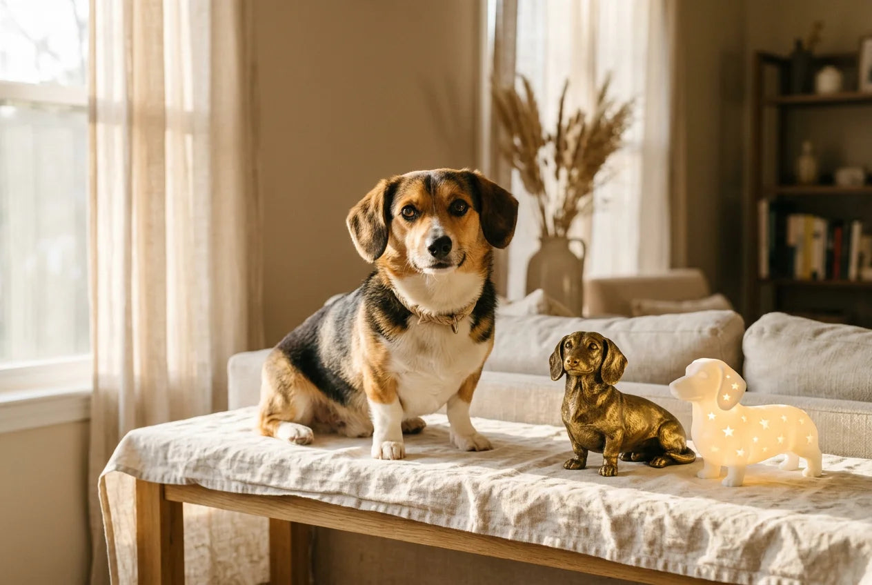 Dorgi dog in a warm editorial interior with handcrafted sculpture and luminary