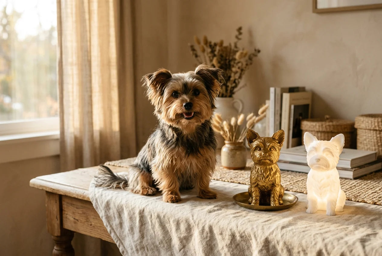 Dorkie dog in a warm editorial interior with handcrafted sculpture and luminary