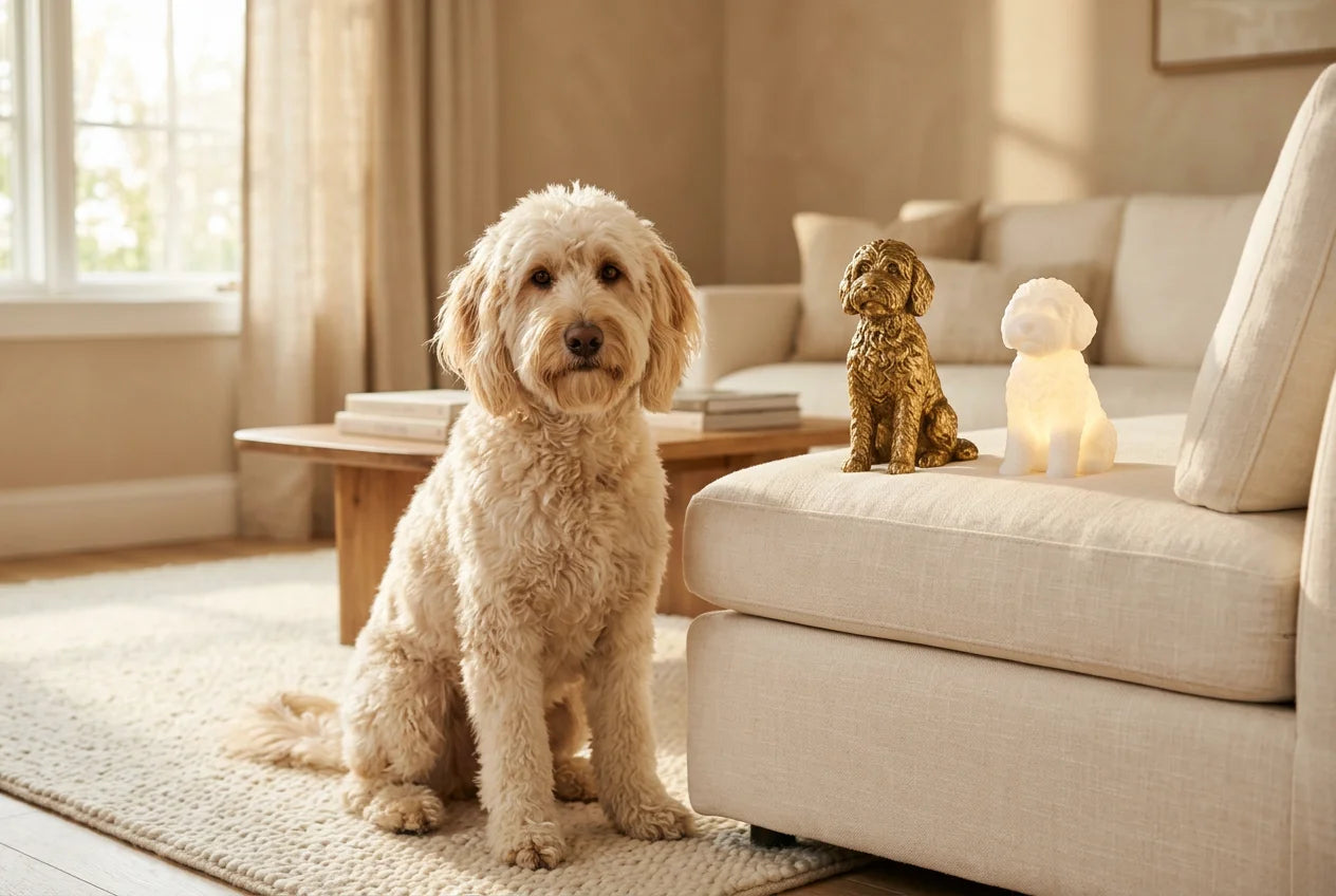 Double Doodle dog in a warm editorial interior with handcrafted sculpture and luminary