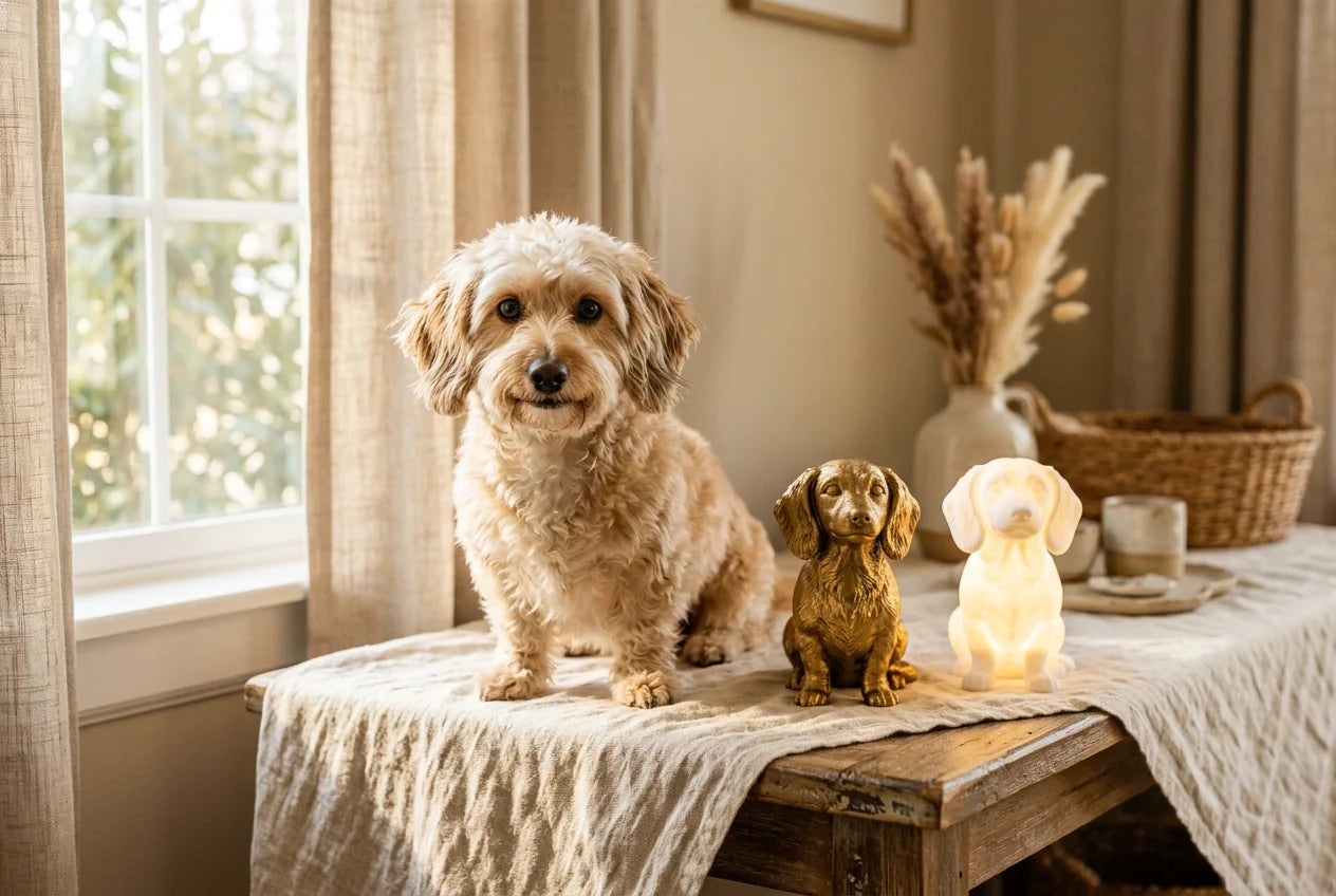 Doxiepoo dog in a warm editorial interior with handcrafted sculpture and luminary